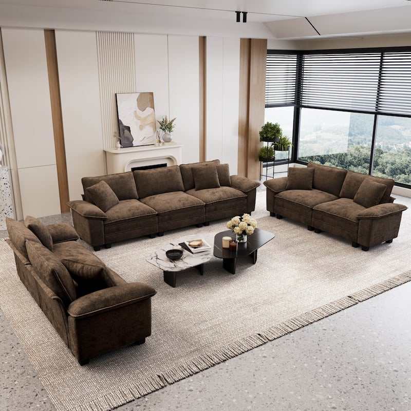 MAISON ARTS Chenille & Corduroy Modular Sectional Sofa Set, Comfy 5/6/7-Seat Living Room Couch with 3-Seater or Loveseat - Brown Chenille(7 Pieces)