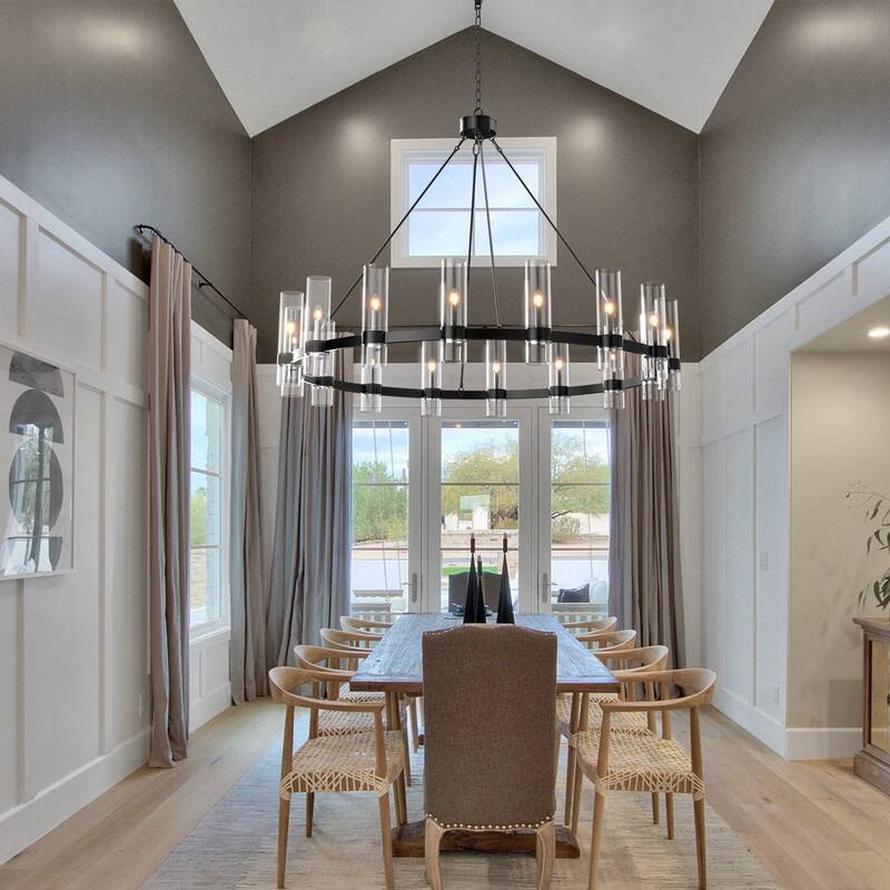 Modern Farmhouse Chandelier Black Wagon Wheel Chandelier with Clear Glass Shade