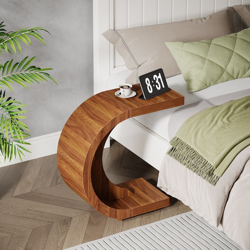 C-Shaped End Table, Wood Side Table for Couch Sofa Living Room