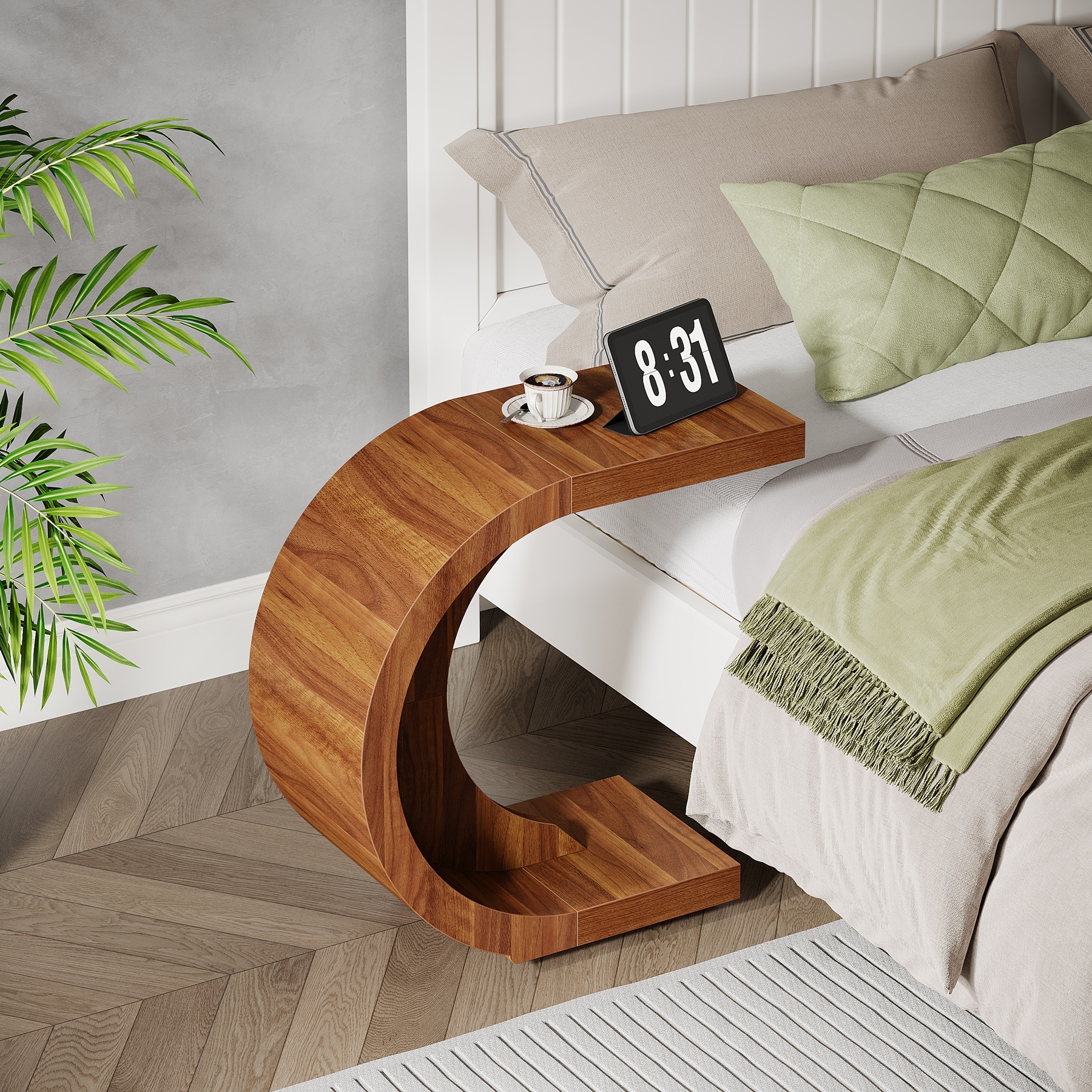 C-Shaped End Table, Wood Side Table for Couch Sofa Living Room