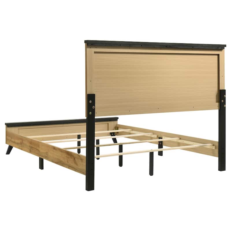Wemy Queen Size Bed, Tall Panel Headboard, Natural Brown Pine Finish