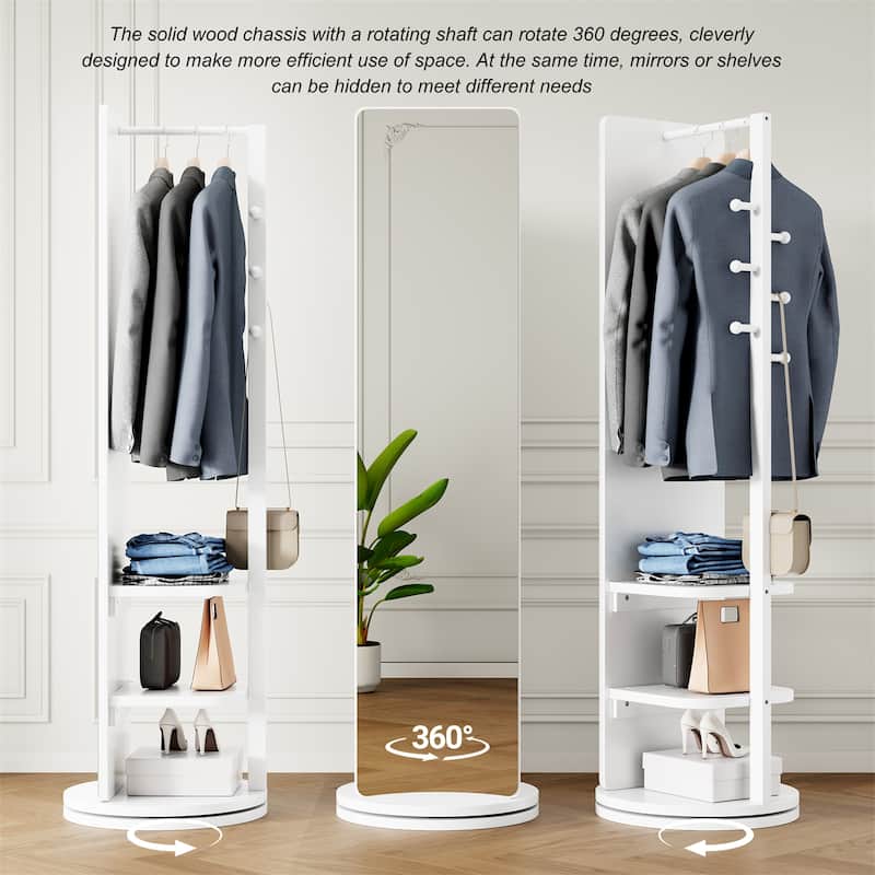 360 Rotating Multifunctional Full Length Mirror with Hook Storage Rack Coat Rack