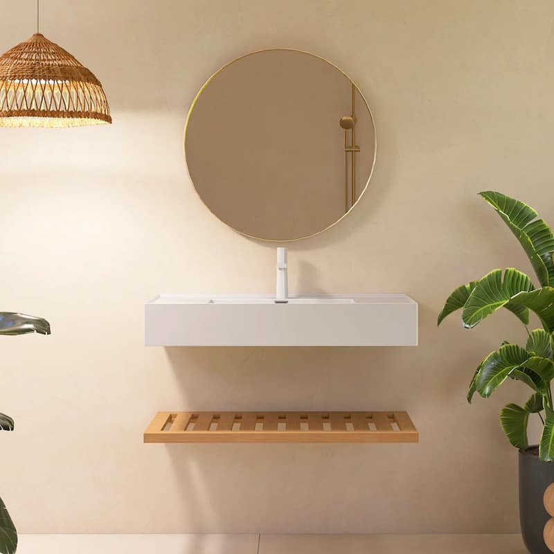 Wall-Mounted Bathroom Vanity in Natural Wood with White Integrated Acrylic Sink - 35.43'' x 18.11'' x 8.15''