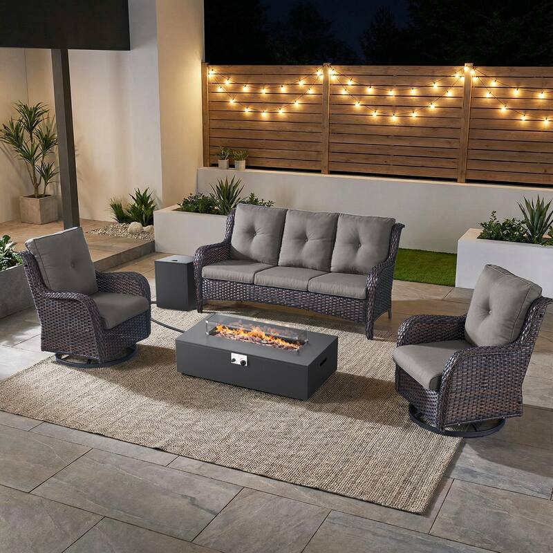 Pocassy Outdoor 5 Pieces Sofa Swivel Chair with Fire Pit Table - Brown Wicker Gray Cushion - 5-Piece Sofa Swivel Chair with Fire Pit Table