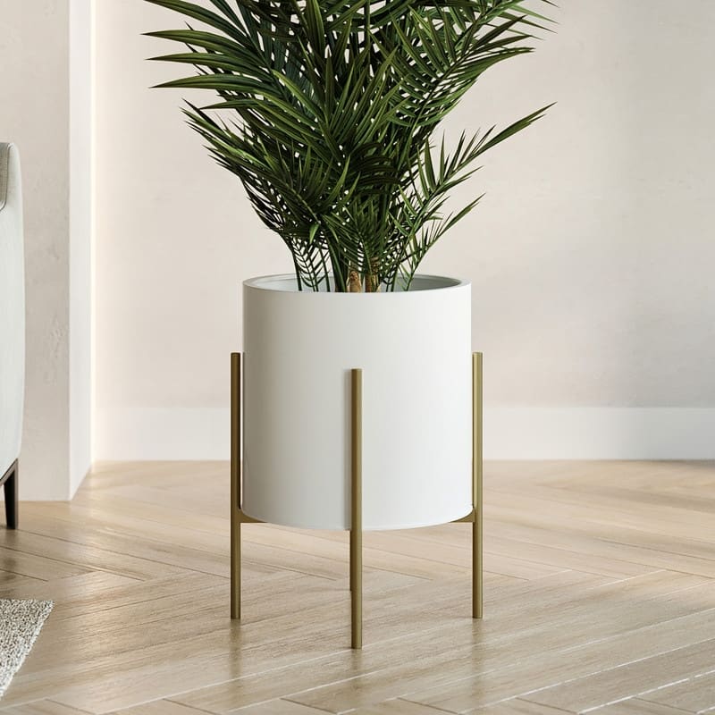 Raya White Mid-Century Modern Planter with 4-Leg Metal Base - 18" H  x 13.75" W - Gold