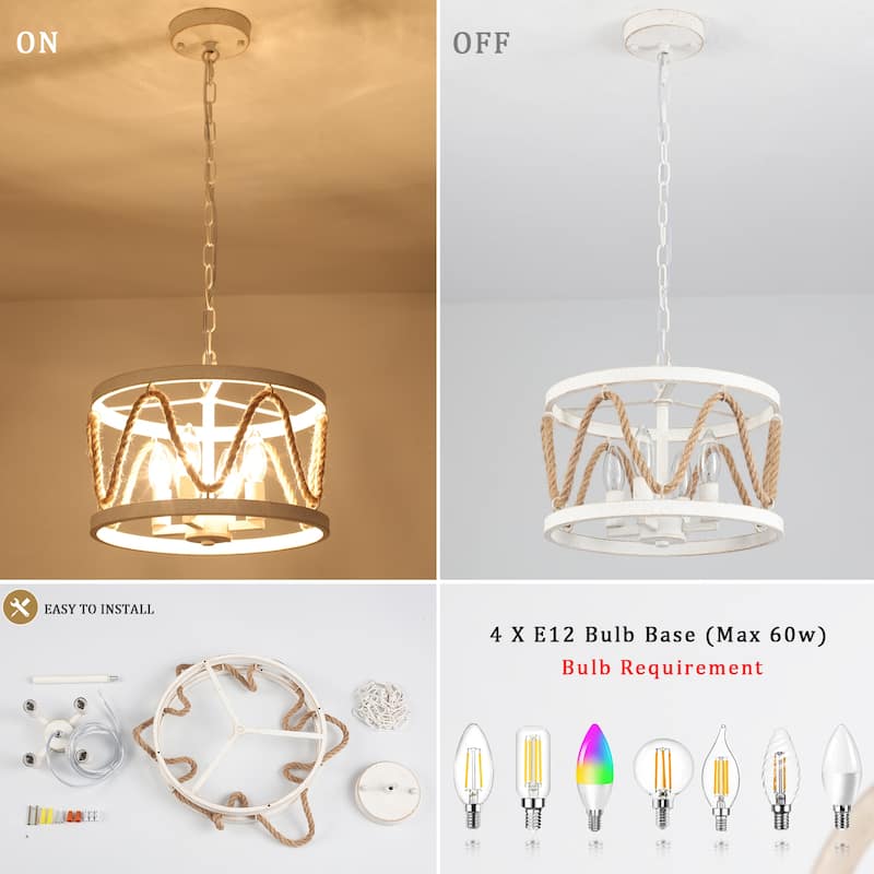 4-Light Drum-shaped Chandelier with Hemp Rope for Kitchen Living Room