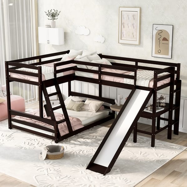 slide 2 of 18, Multifunctional Twin/Full L-Shaped Bunk Bed with Workspace and Safety Guardrails Espresso