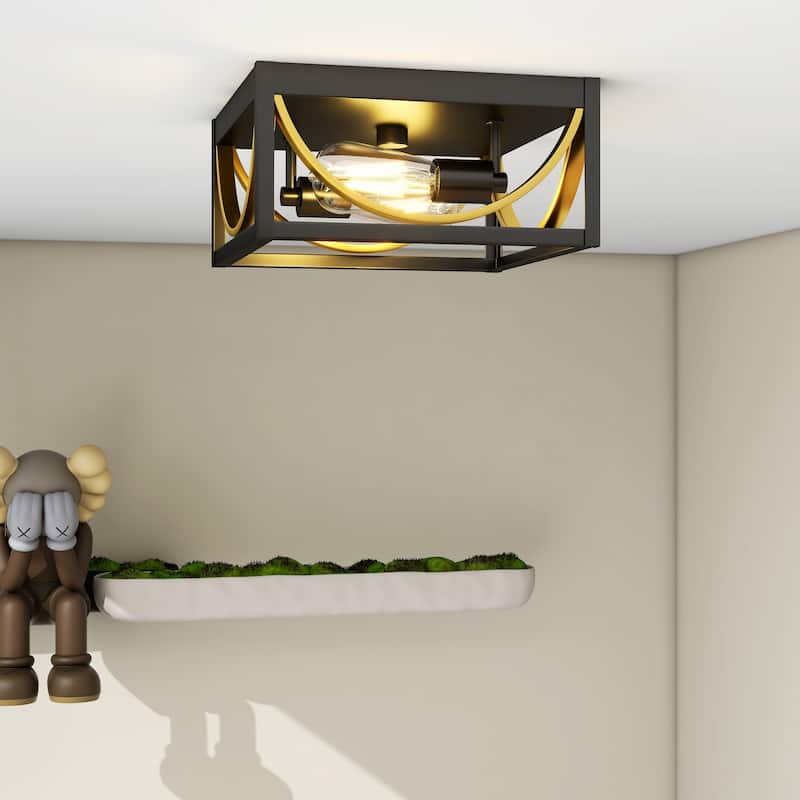 2-Light Caged Flush Mount Light - Black And Golden - 11.8"x11.8"x5.5"