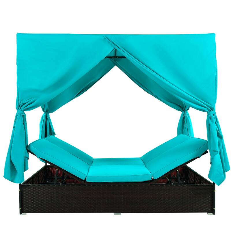 Elegant Outdoor Patio Wicker Sunbed Daybed with Adjustable Cushions and Curtains