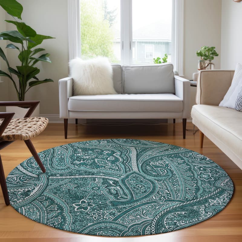 Machine Washable Indoor/ Outdoor Chantille Traditional Paisley Rug - Teal - 8' x 8'