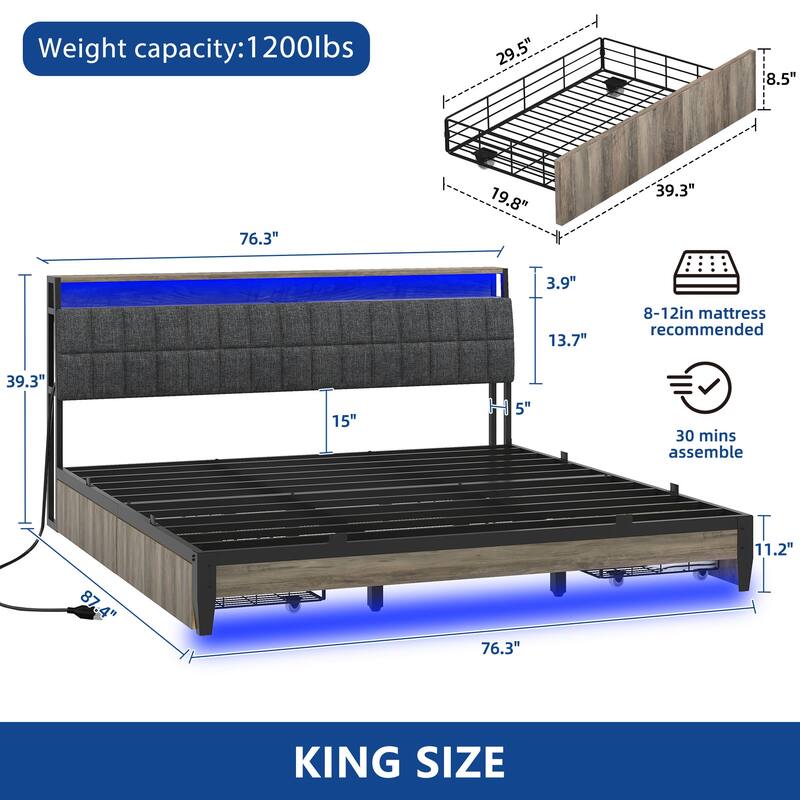 Moasis Rustic Grey Storage Platform Bed Frame with Storage Headboard with Power Outlets and 4 Drawers - Rustic Grey - King