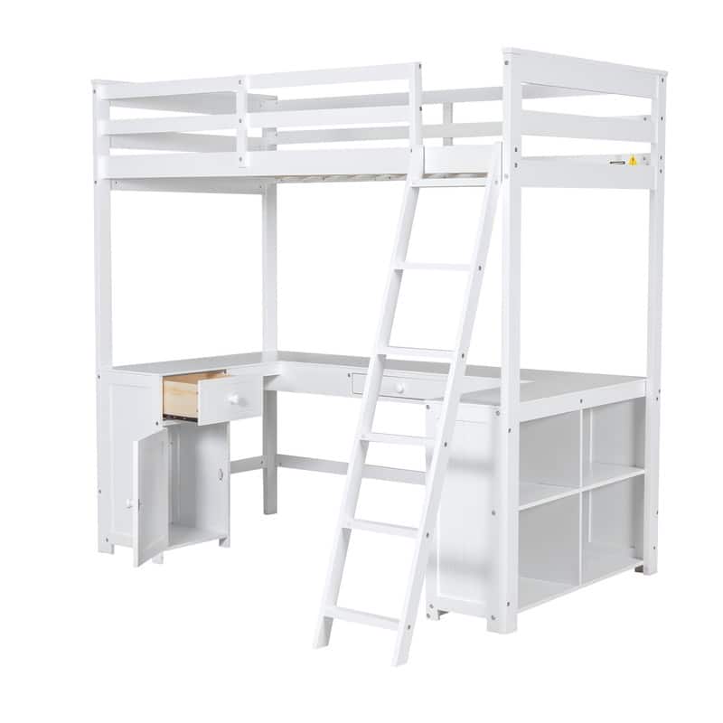 Twin Size Loft Bed with U-shaped Desk, Cabinet and Storage Shelves
