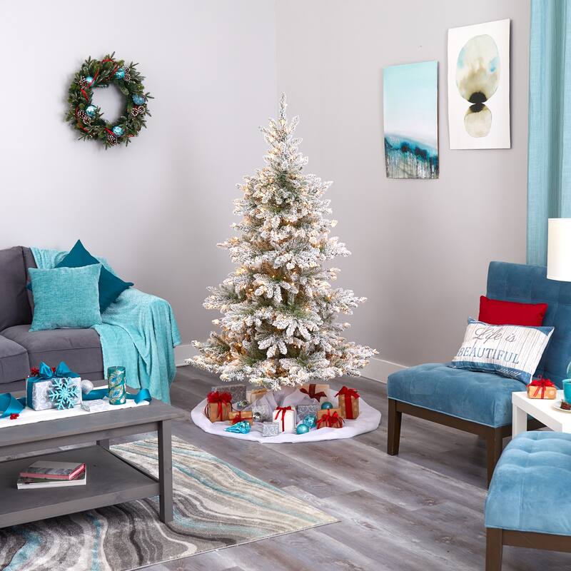 6’ Pre-Lit Flocked West Virginia Spruce Artificial Christmas Tree, Clear LED Lights - 6 Foot