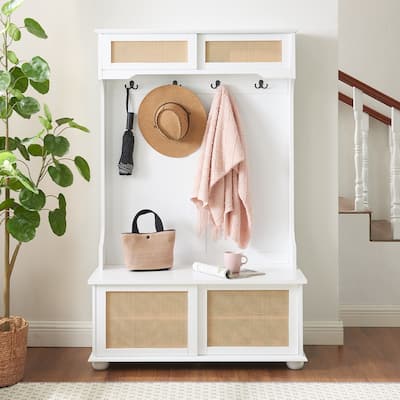 Grondin Mid-Century Modern Boho Style 4-in-1 Hall Tree with Sliding Rattan Doors, Entryway Bench with Coat Rack and Shoe Cabinet