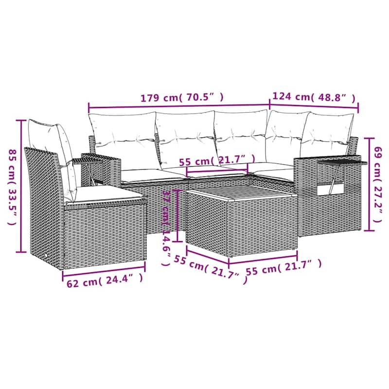 vidaXL 6 Piece Patio Sofa Set with Cushions Gray/Brown/Black Poly Rattan - 24.4" x 24.4" x 27.2"