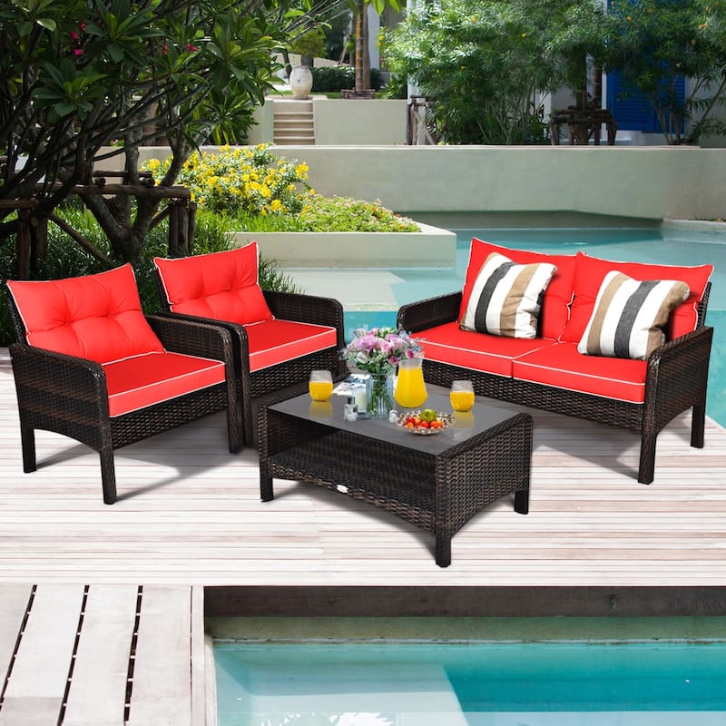 Costway 4PCS Patio Rattan Furniture Set Loveseat Sofa Coffee Table - See Details