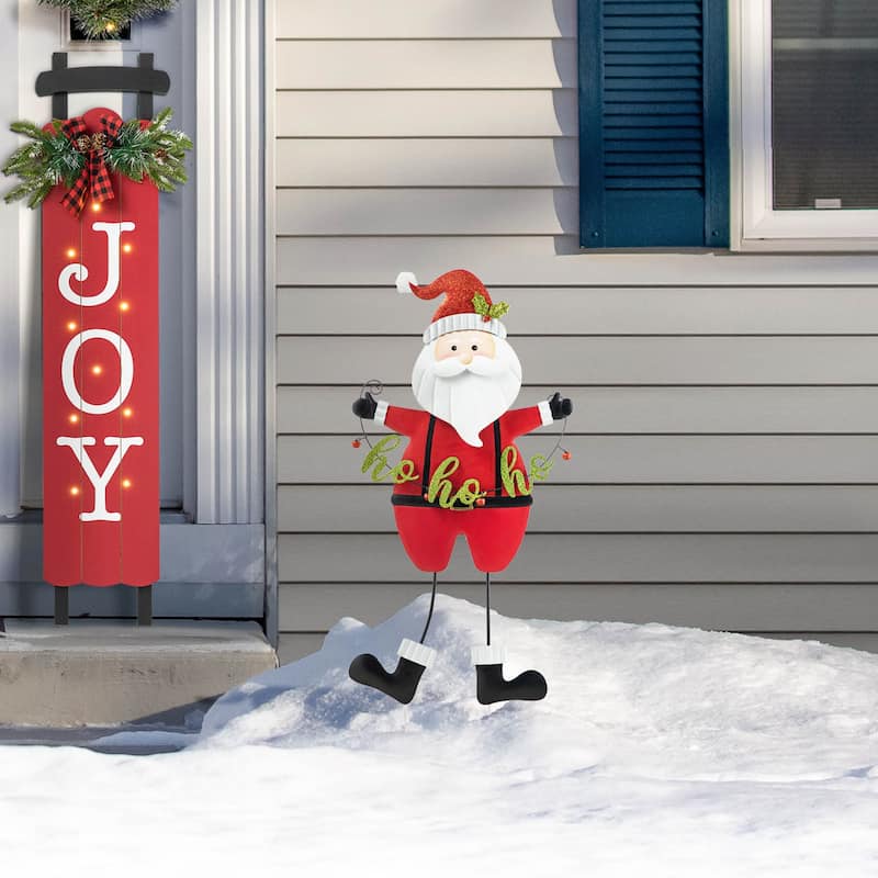 Glitzhome Metal Snowman Santa Yard Stakes Christmas Dog and Gift Cart Wall Decor