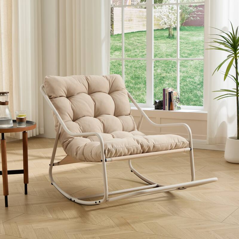 Outdoor Rocking Chair, Comfy Cushion, with Soft Thick Cushion,for Living Room, Bedroom, Reading Room, Black Frame with Cushion