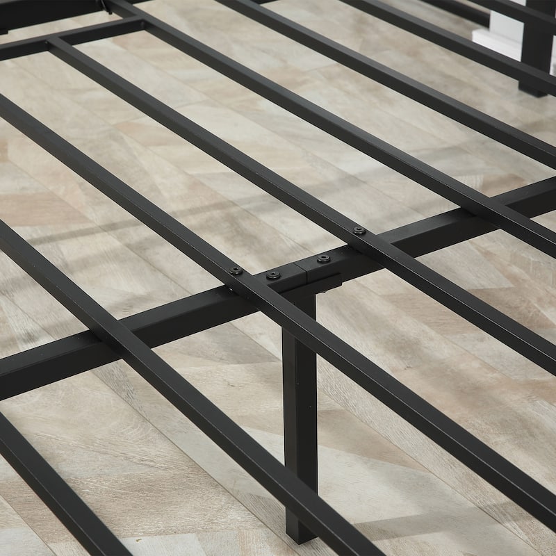 Brown Queen Size Metal Platform Bed with Strong Slat Support and Headboard