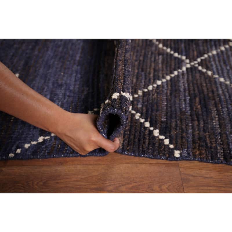 Navy Blue Trellis Moroccan Area Rug Hand-Knotted Wool Carpet - 6'9"x 10'5"