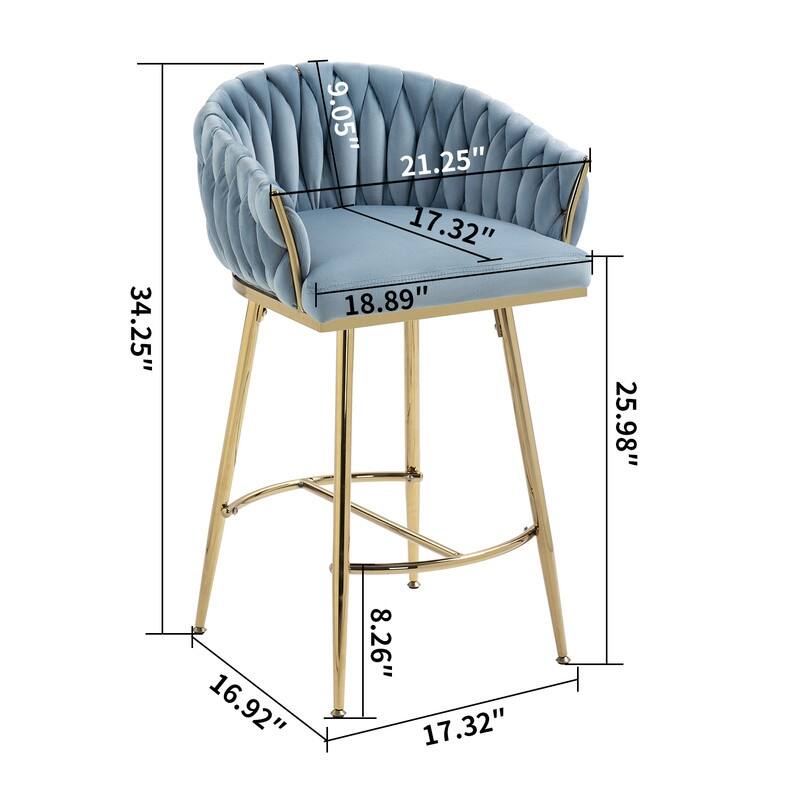 (Set of 1) 26" Velvet Counter Height Bar Stool with Wave Back, Golden Chrome Base and Footrest