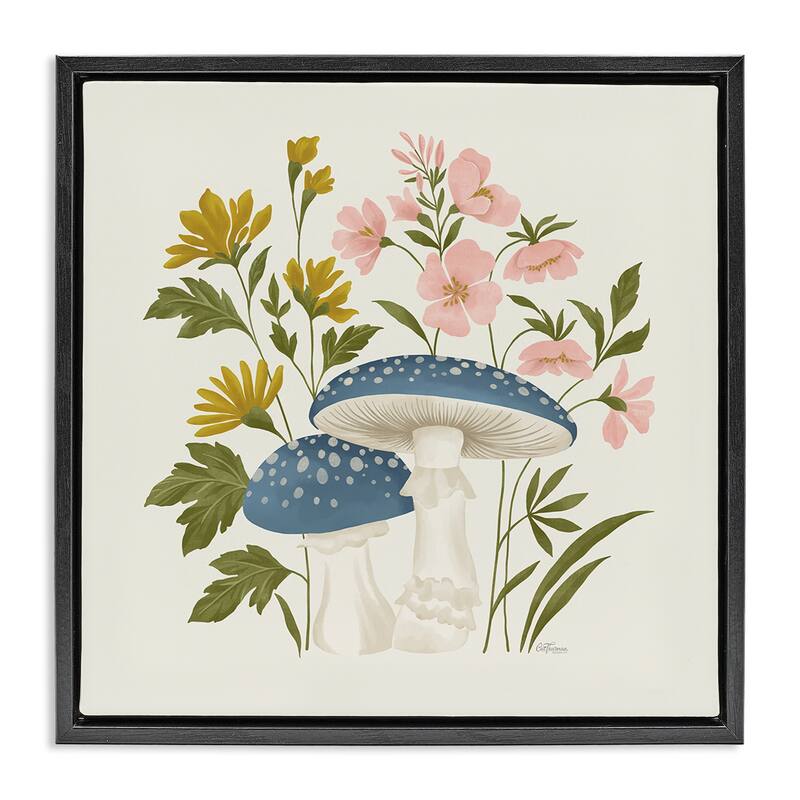 Stupell Blue Mushrooms & Wildflowers Framed Floater Canvas Wall Art Design By Cat Thurman Designs - 18 x 18 - Black