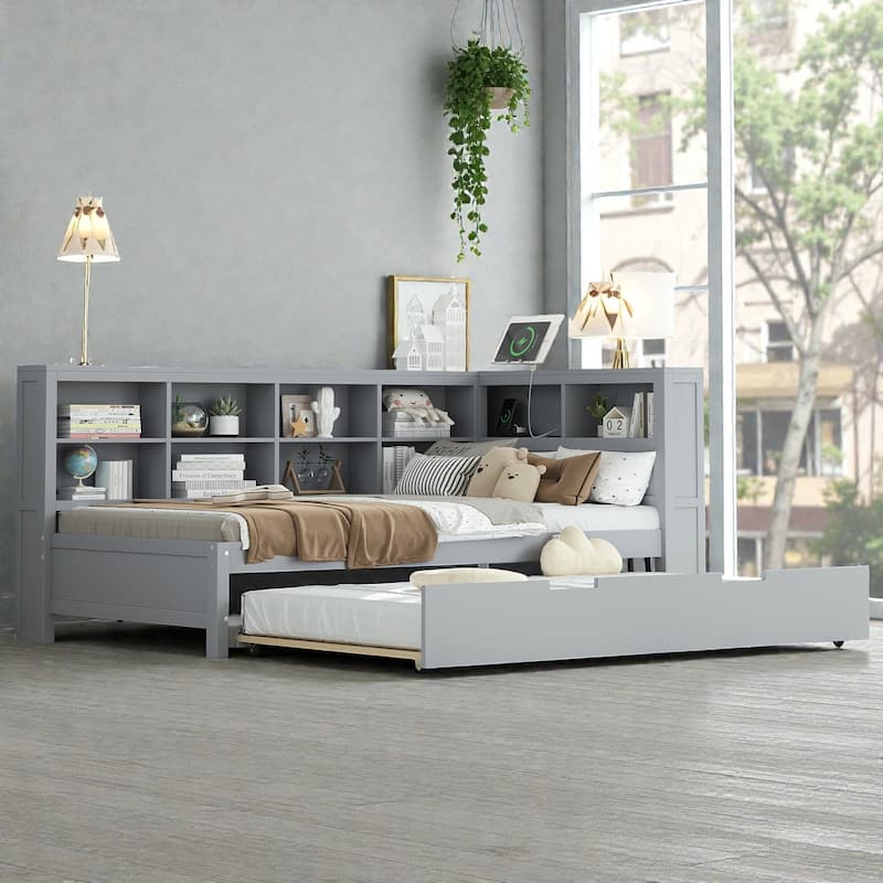 Twin/Full Wooden Daybed with Twin Trundle, Storage Shelf, USB Charging Ports, Slat Support, Space-Saving Design