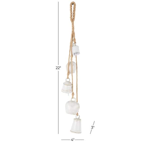 dimension image slide 0 of 3, Gold, White or Black Metal Tibetan Inspired Cascading Indoor Outdoor Decorative Cow Bells with 5 Bells on Jute Hanging Rope