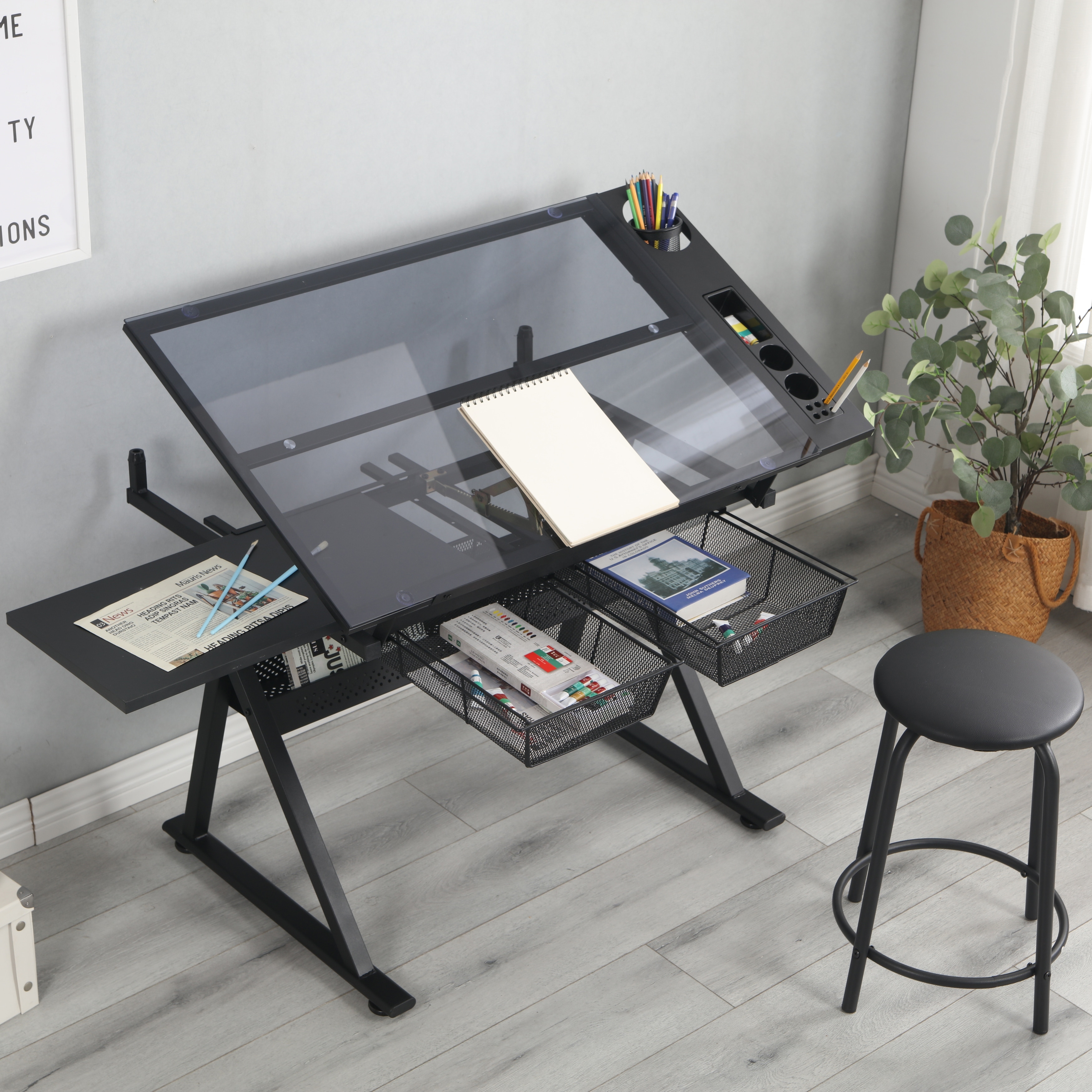 Modern Adjustable Tempered Glass Drafting Table Drawing Desk with Stool 2 Storage Drawers and Shelf