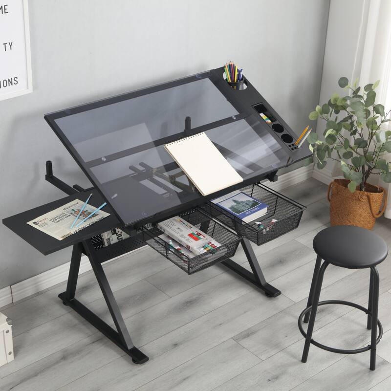 black adjustable tempered glass drafting printing table with chair - Black