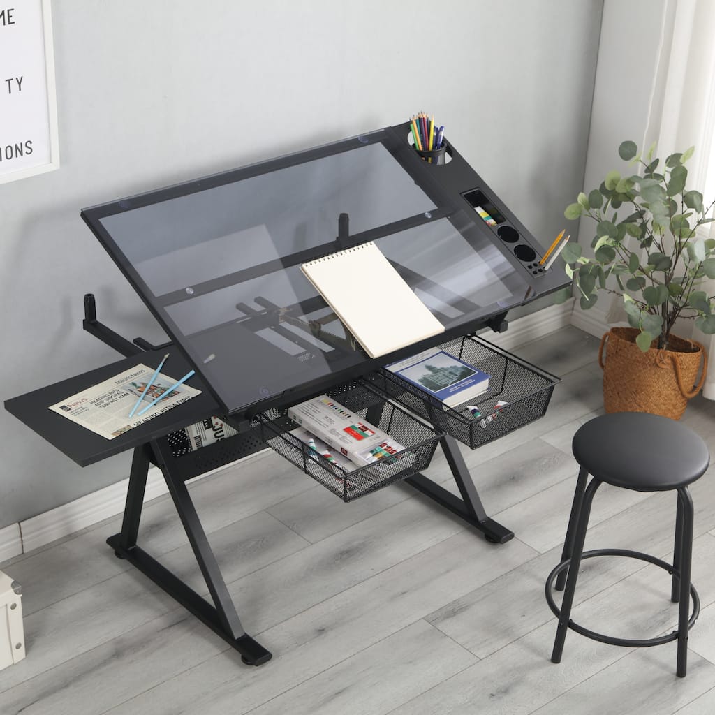 black adjustable tempered glass drafting printing table with chair