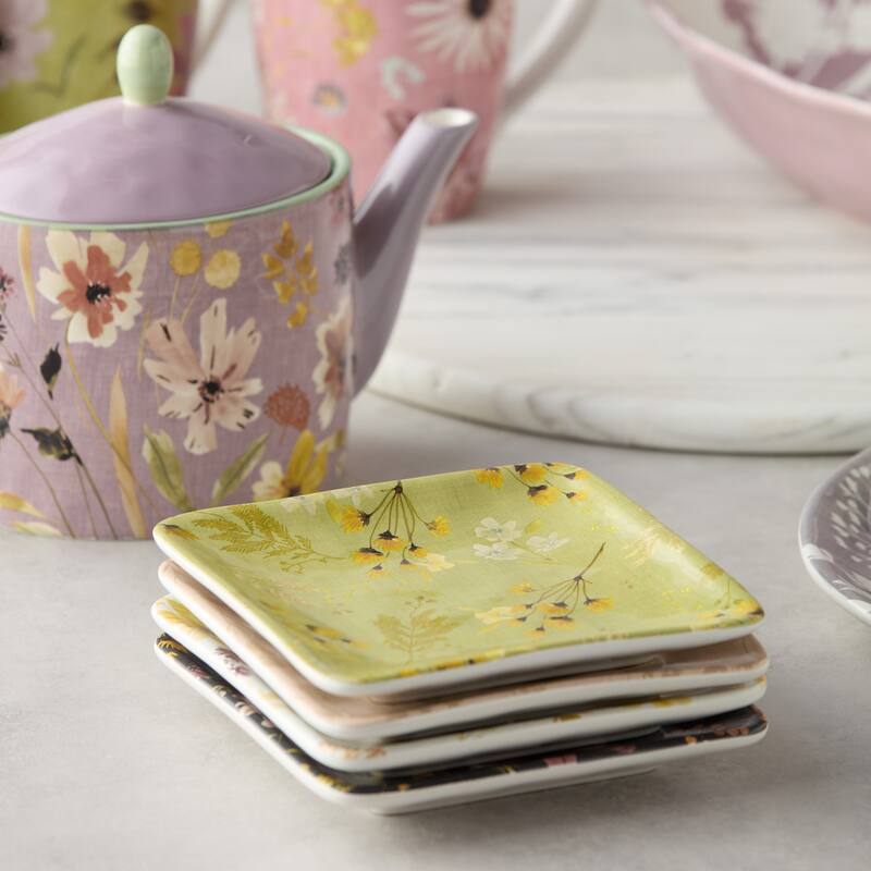 Certified International Wildflowers 6" Canape/Luncheon Plates, Set of 4 Assorted Designs - 6.00"L x 6.00"W x 0.50"H