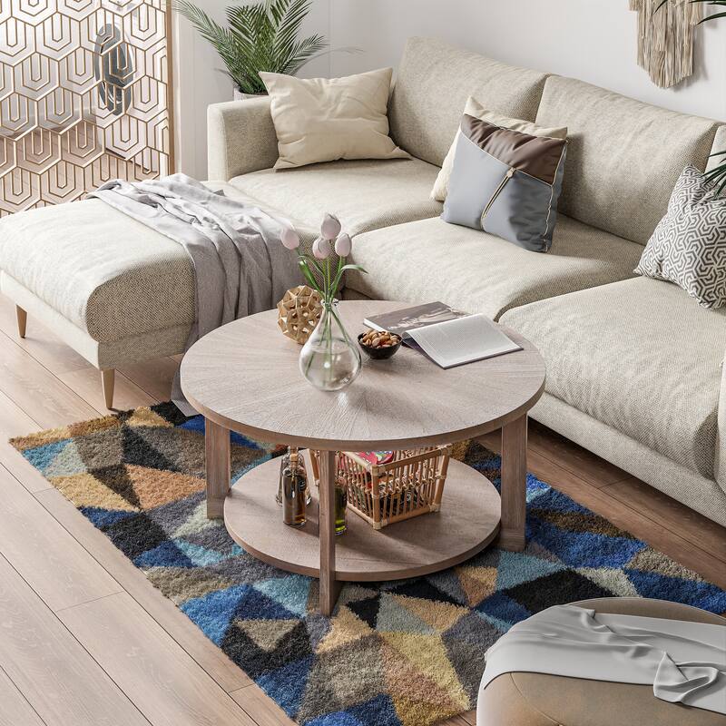 COZAYH Farmhouse Coffee Table with Storage Shelf, Rustic Round Country Accent Table with Stunning Radial Pattern, End table