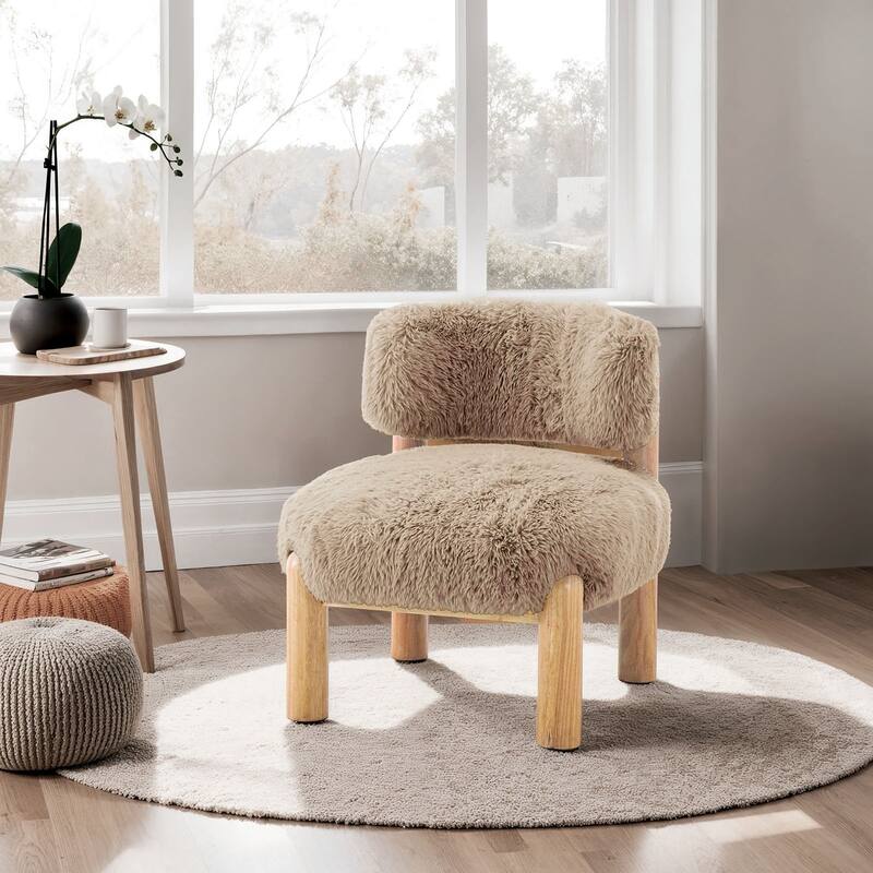 Mushroom Finish Accent Chair Fur Fabric Wooden Legs Curved Backrest Contemporary Primary Living Room
