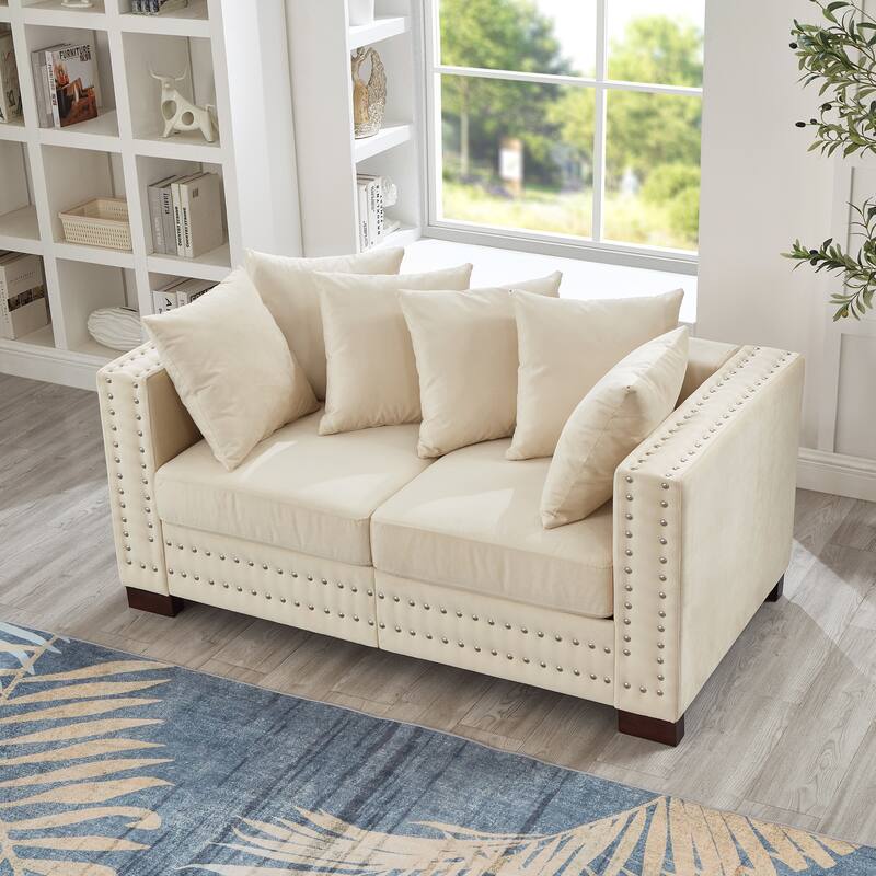 Apricot Velvet Loveseat with Square Armrest and Silver Nails Decoration