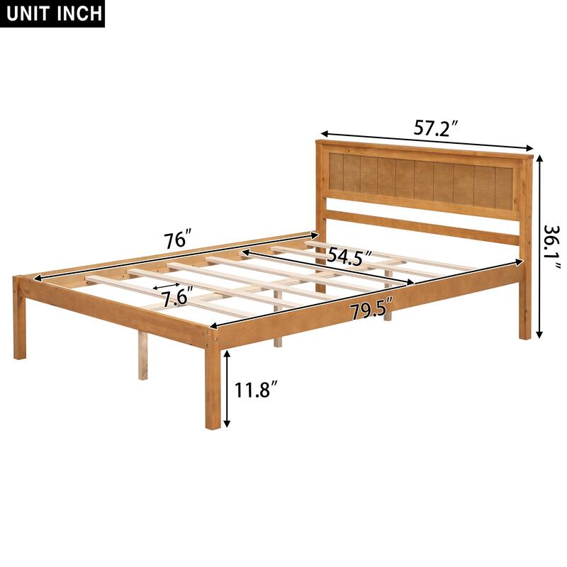 Classic Platform Bed Frame Wood Full Bed with Headboard, Solid Wood Full Size Platform Bed Frame, No Box Spring Needed