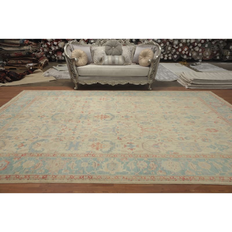 Hand Knotted Traditional Wool Beige Geometric Area Rug - 13' 5'' X 9' 9''