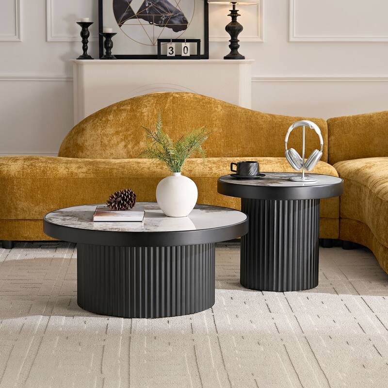 Nesting Round Coffee Table Set with Sintered Stone Tabletop, Modern Living Room Center Table