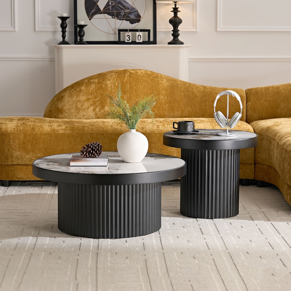 Set of 2 Coffee Table Round Center Table Tea Table, Black Side Table Sofa Table Accent Table for Living Room