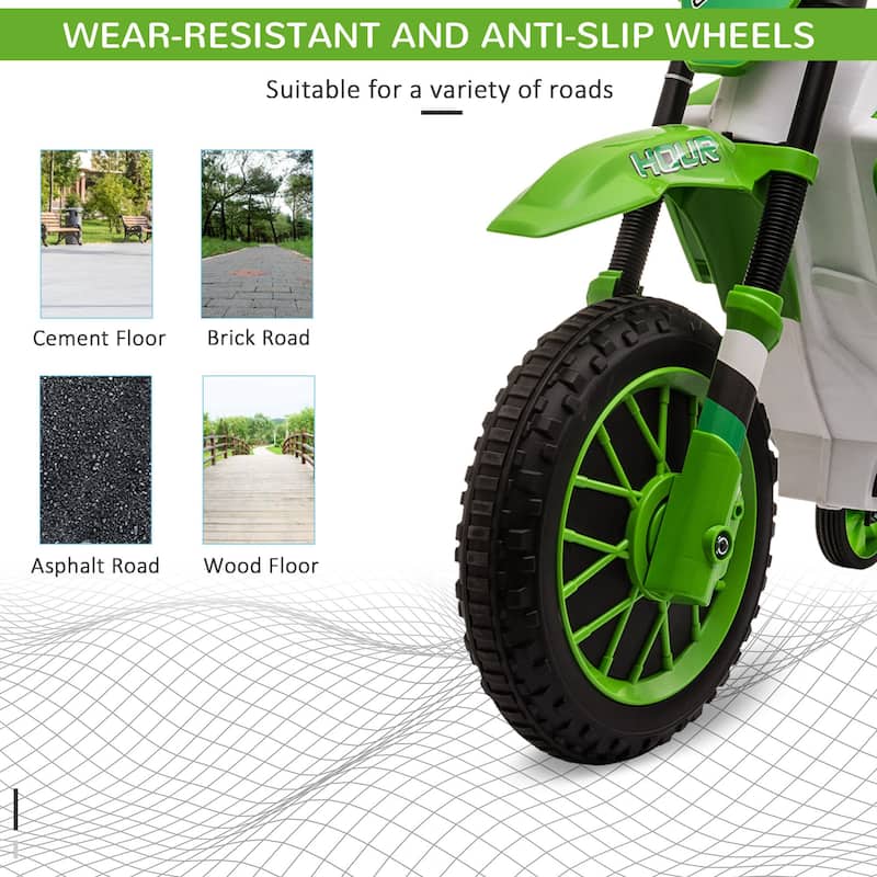 Motorcycle Dirt Bike Electric Battery-Powered Ride-On Toy Off-road Street Bike with Charging Battery, Training Wheels Green