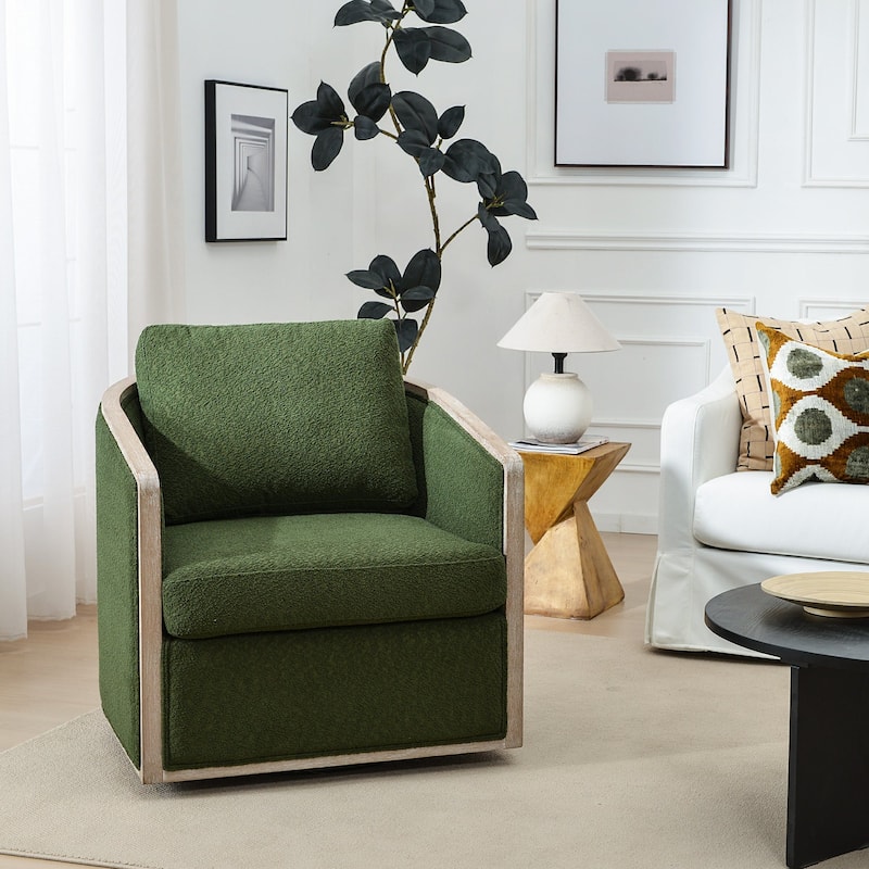 KINWELL 31"W Oak Frame Upholstered Swivel Barrel Armchair