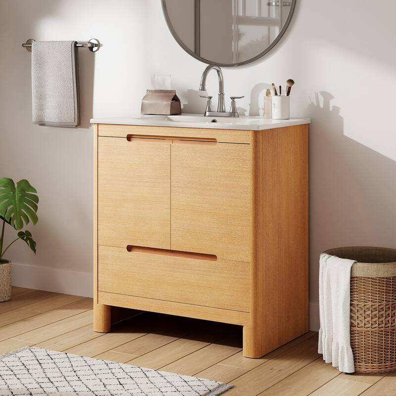 30"Softened Modern Bathroom Vanity with Ceramic Sink, Solid Wood Frame, Soft-Close Doors & Drawer, Adjustable Shelf