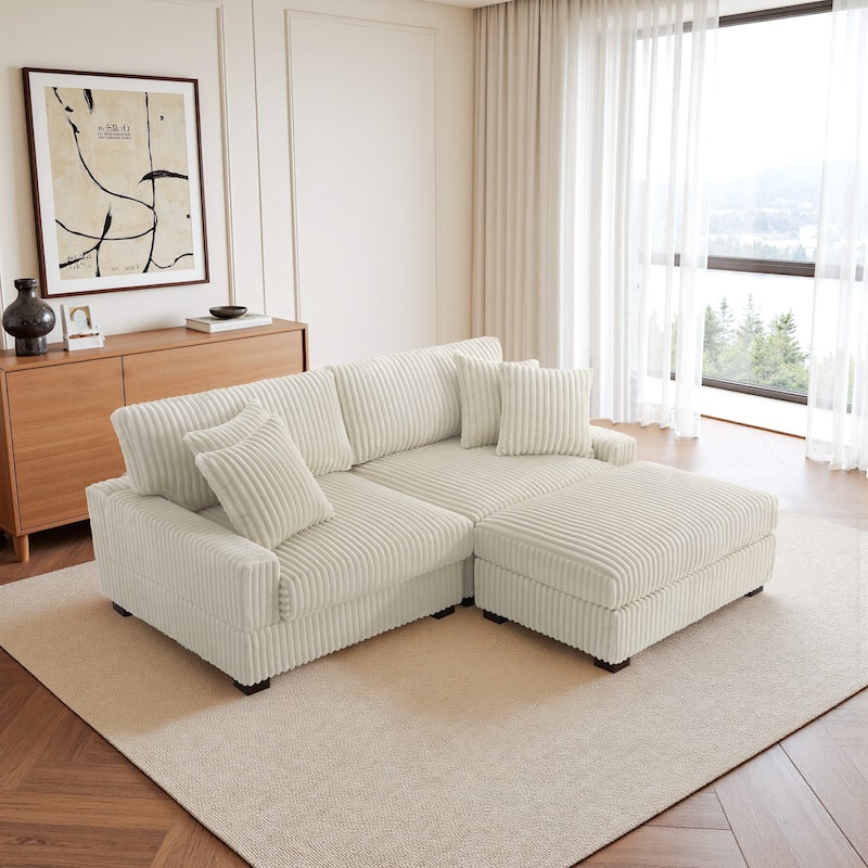 79" W Upholstered Plush Corduroy Sectional Modular Sofa with Ottoman