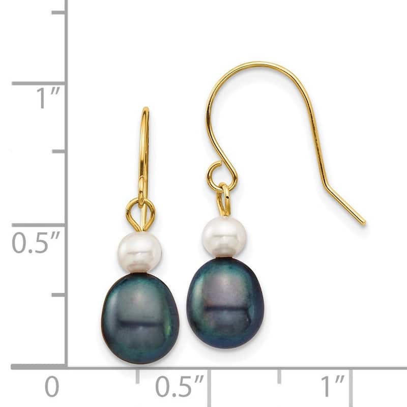 Curata 14k Yellow Gold 4-7mm White Black Round Rice Cultured Pearl Dangle Earrings (25mm)