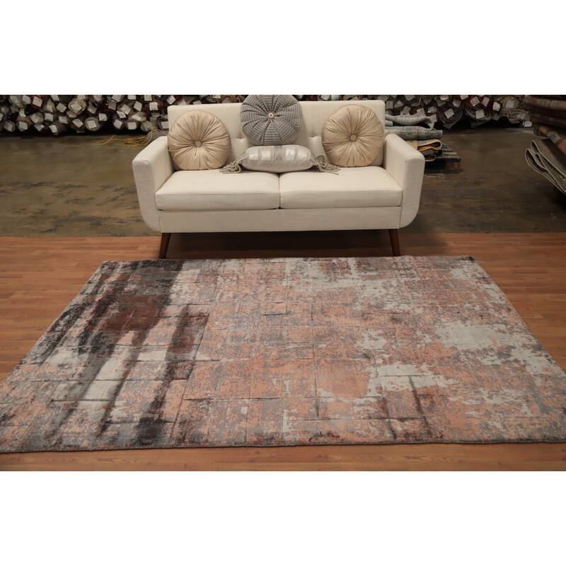 Hand Knotted Oriental Viscose Silk Carpet Modern Abstract Oranges & Rust Abstract Area Rug - 7' 4'' X 5' 3''