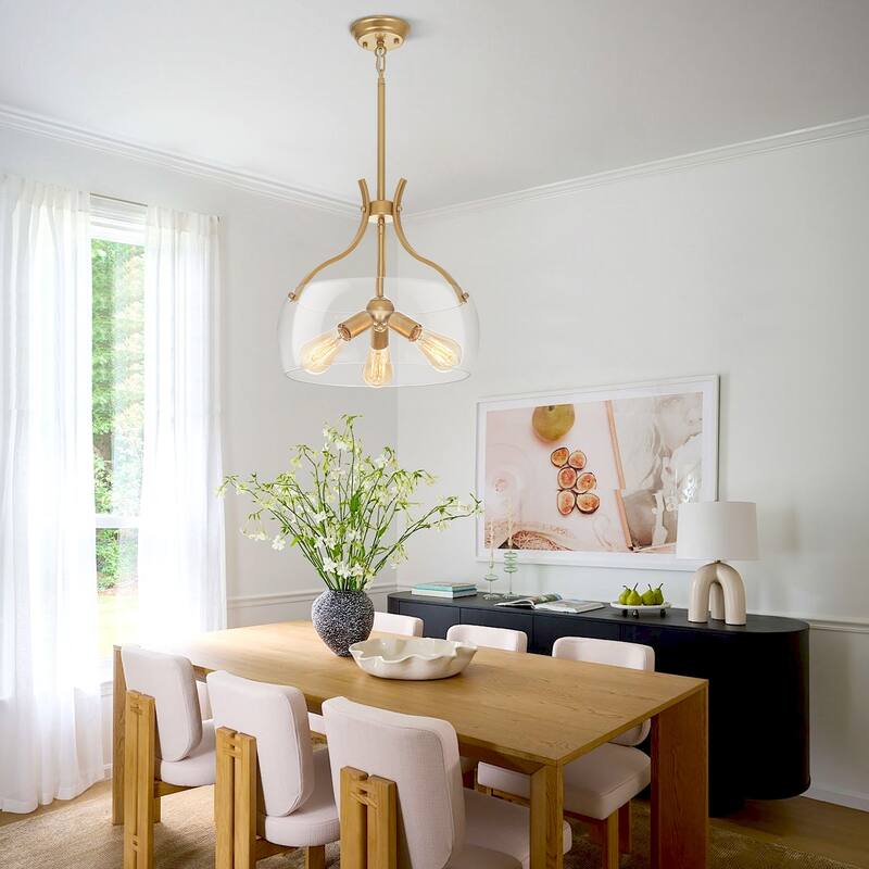 Simple and elegant 3-light metal frame pendant lamp with adjustable height chain and glass lampshade