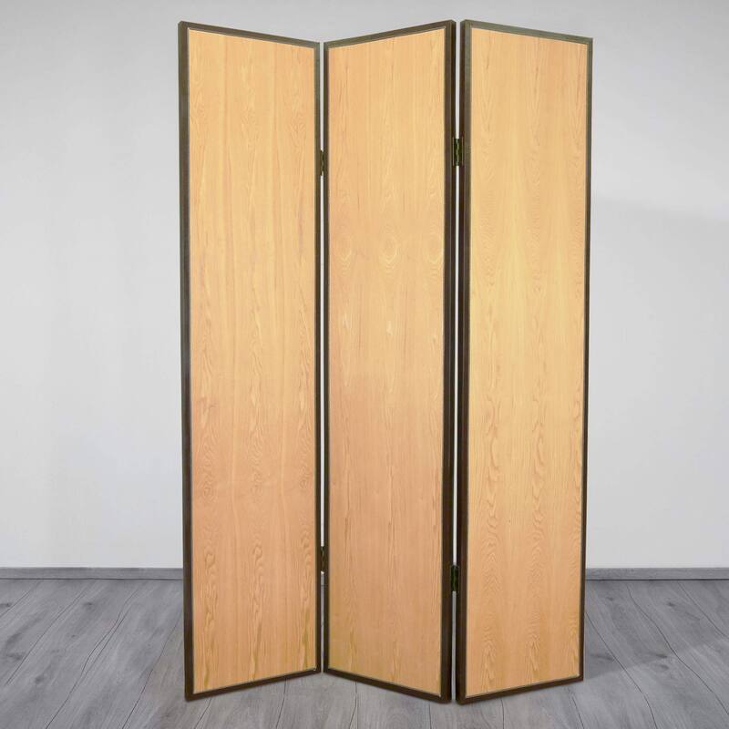 Foldable 3 Panel Wooden Screen with Faux Leather Trim, Brown