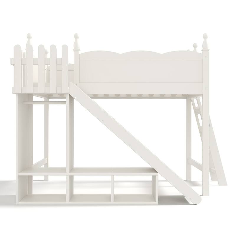 Twin Loft Bed with Storage Shelves and Wardrobe, Solid Wood Loft Beds with Detachable Slide and Ladders, No Spring Box Needed