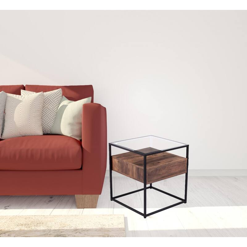 22" Black Glass And Iron Square End Table With Drawer With Shelf - Black and Brown