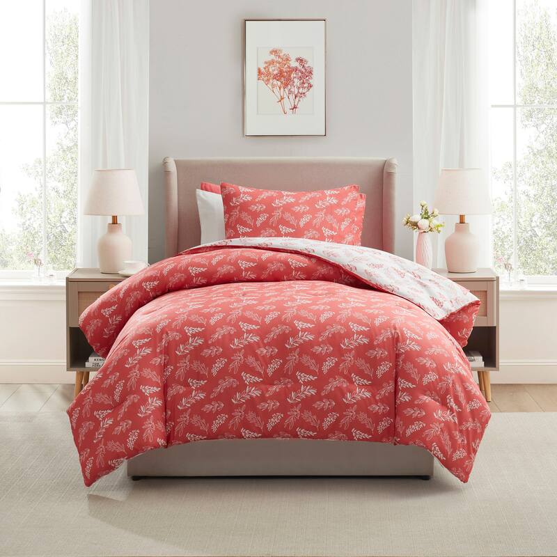 Empyrean 3PC Reversible Botanical Printed Comforter Bedding Set - Flamingo Pink - Twin